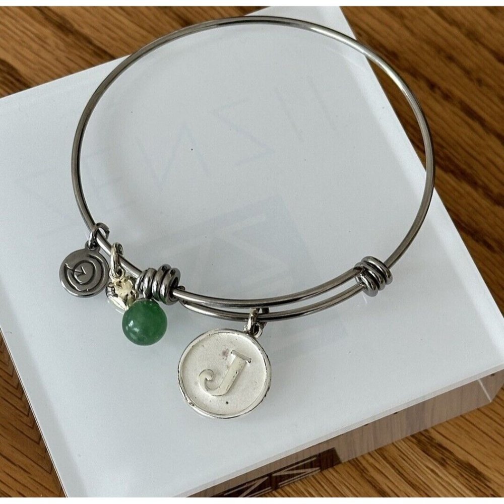 Love This Life " J “ Initial Silver Plated Stainless Steel Charm BangleBracelet